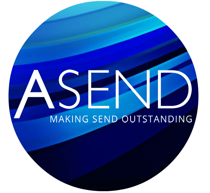 Circular logo with blue gradient background featuring the word “ASEND” and the subtitle “MAKING SEND OUTSTANDING” in white capital letters.