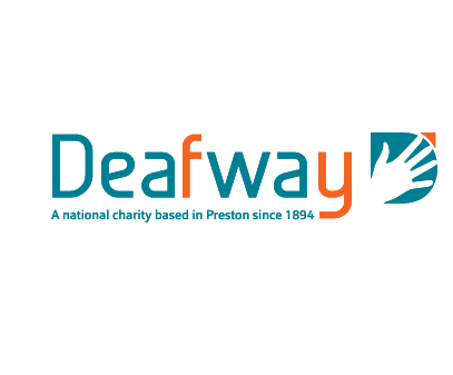 Logo for Deafway, a national charity based in Preston since 1894, with a stylized hand and ear graphic incorporated into the letter "y".