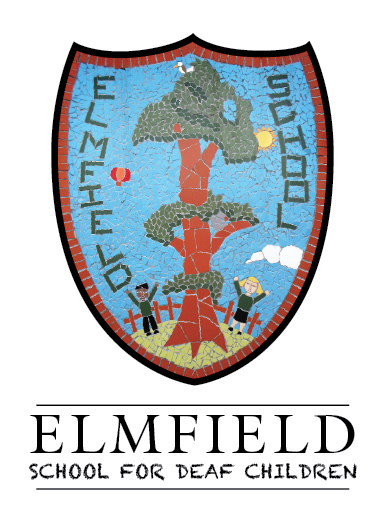 A mosaic-style shield shows a tree with two children below, the words "ELMFIELD SCHOOL" on either side, and the text "ELMFIELD SCHOOL FOR DEAF CHILDREN" below the shield.