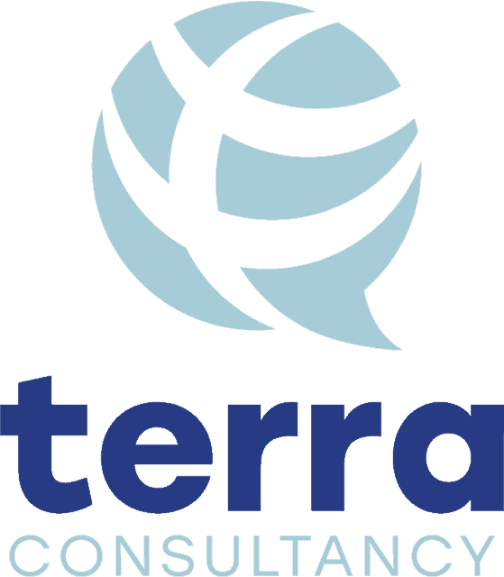 Logo for "terra CONSULTANCY" featuring a stylized globe in light blue above the company name, with "terra" in bold dark blue text and "CONSULTANCY" in light blue capital letters.
